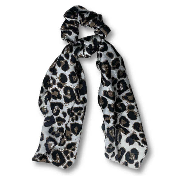 Leopard Print Black & Grey Hair Scrunchie Scarf