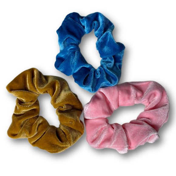 3 Pack Blue, Pink & Tan Velvet Scrunchies